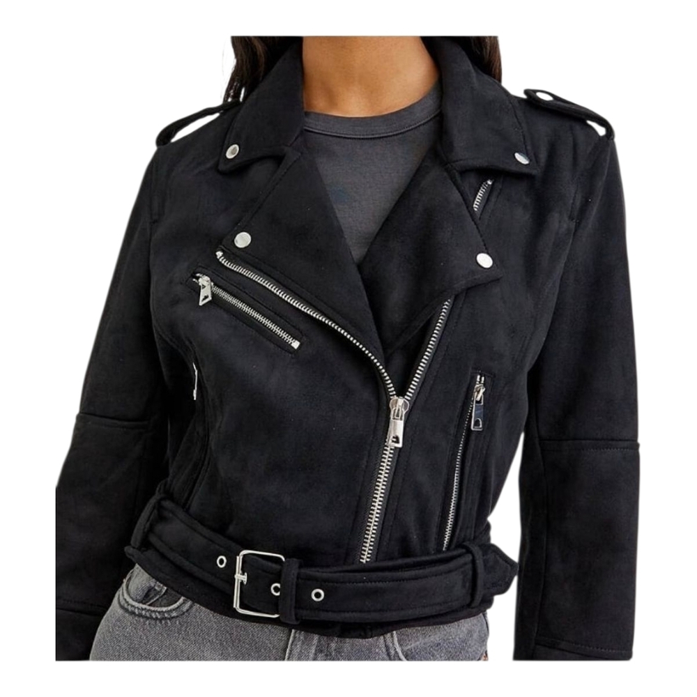 Pull&Bear Black Faux Suede Biker Jacket Size M